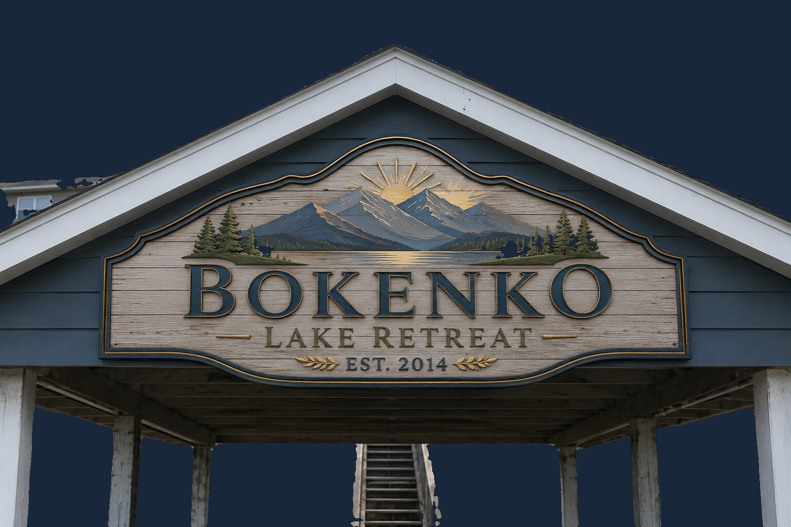 Customer placement mockup showing the proposed Bokenko Lake Retreat sign on the boathouse before final sizing and pricing