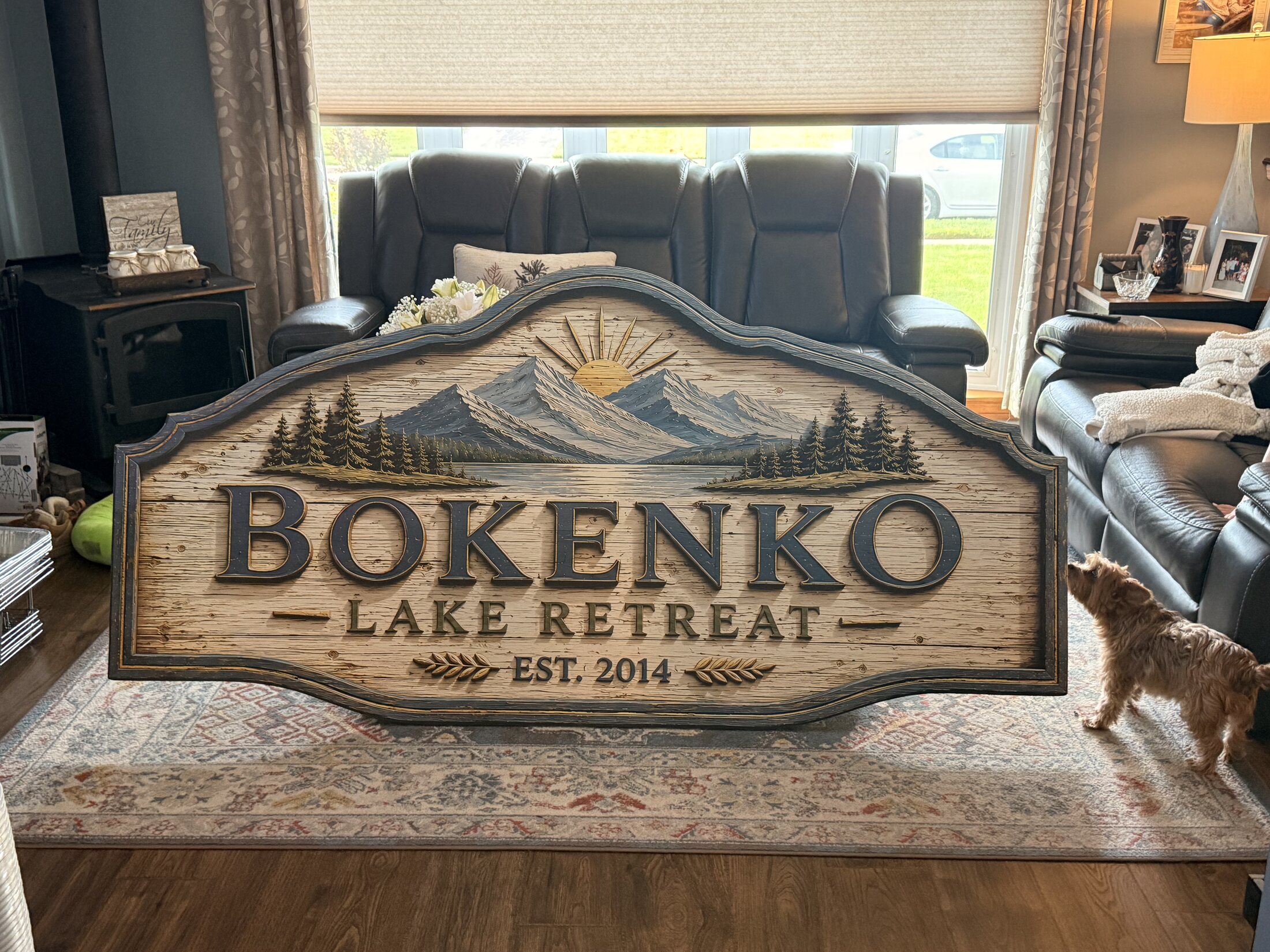 Close up view of the finished boathouse sign at the home before final mounting