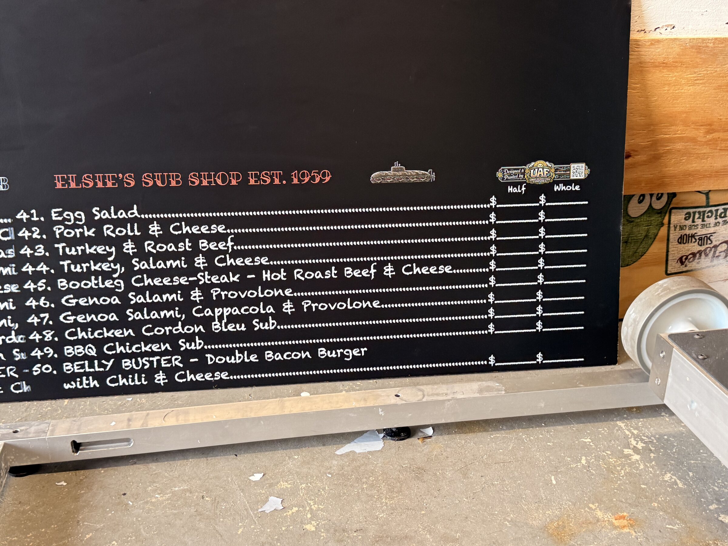 Close up detail of the menu board print