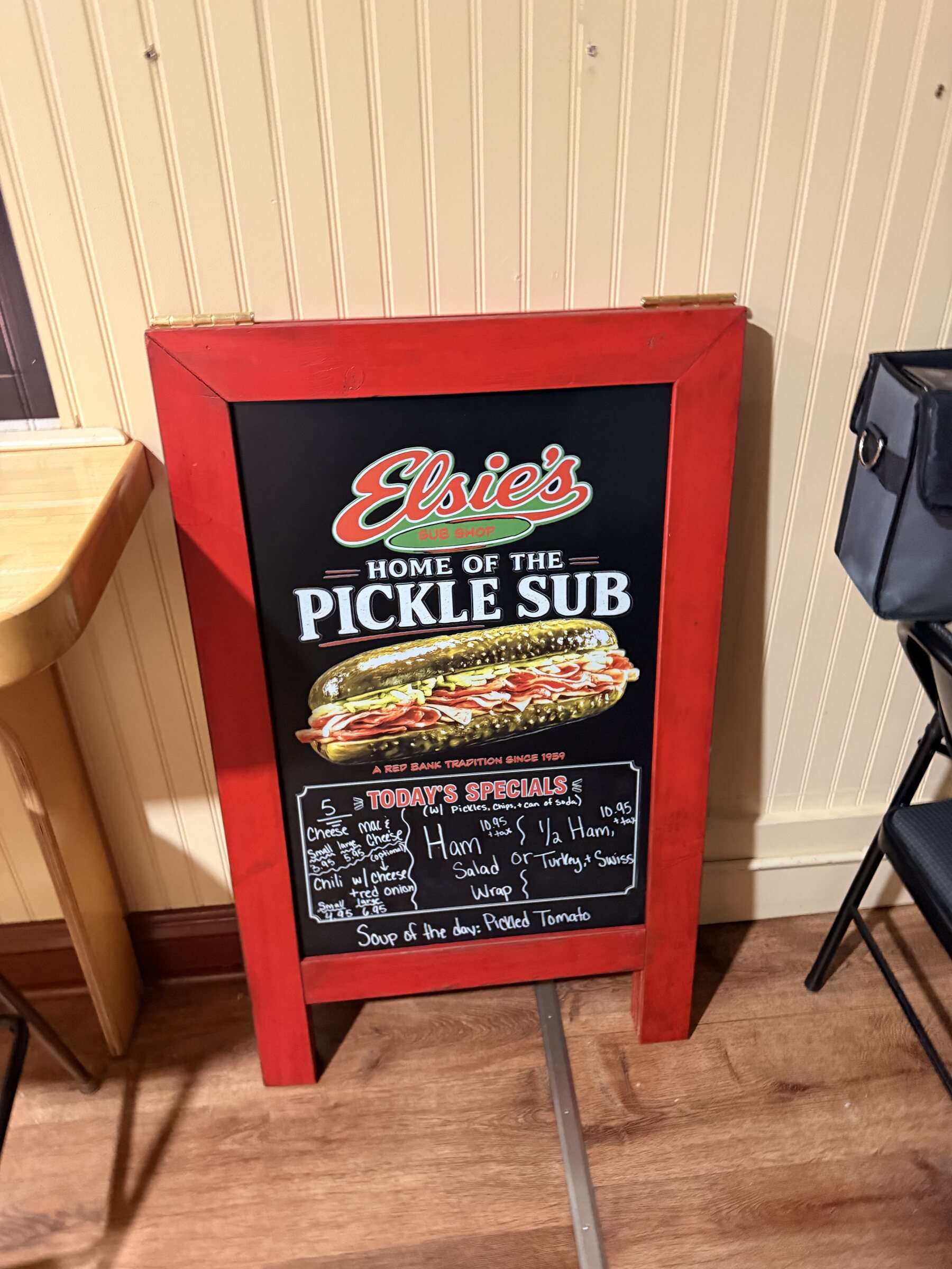 Finished pickle sub sign indoors