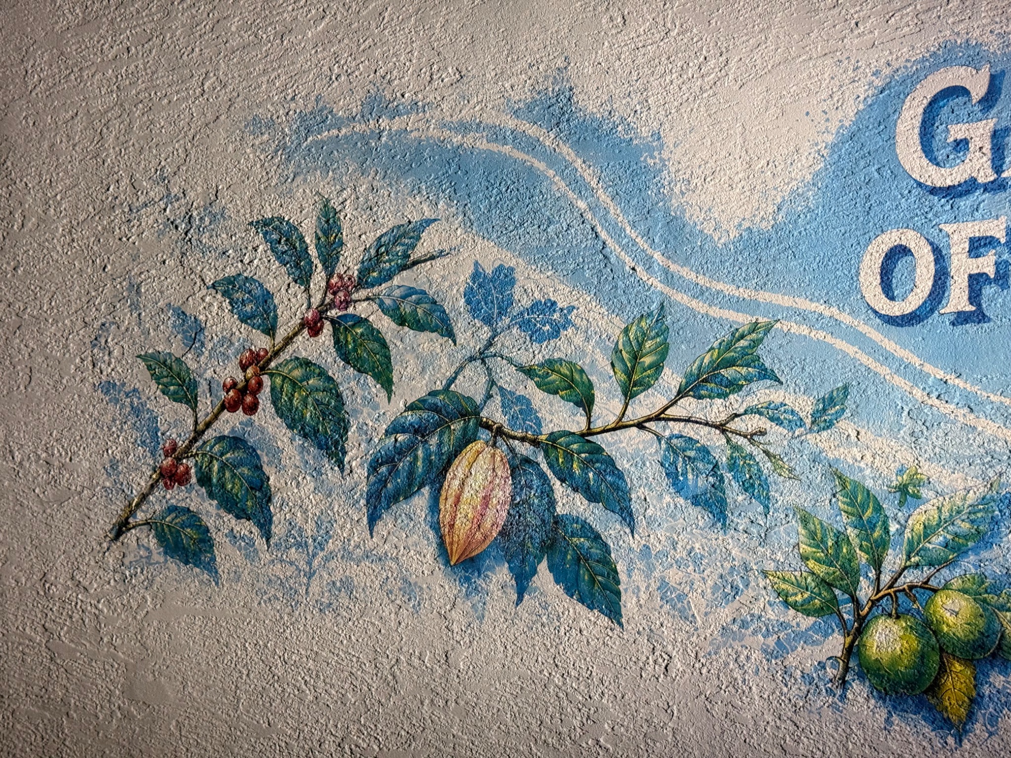 Finished leafy branches and cacao detail from the Garden of Eatin’ wall print