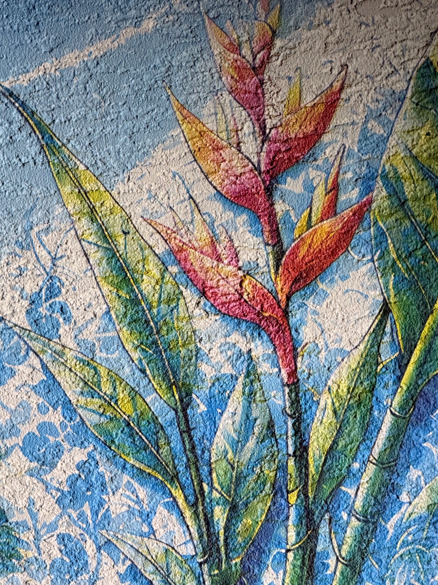 Finished tropical flower and rough-stucco detail from the Garden of Eatin’ wall print